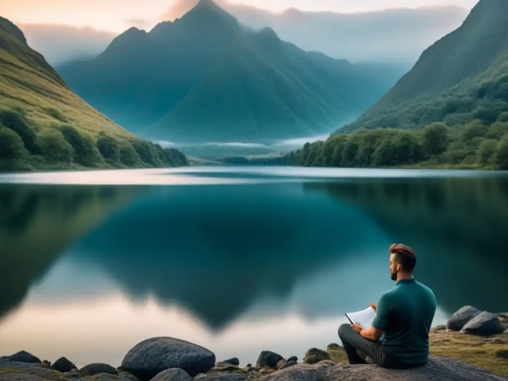 Persona escribiendo en un diario en un paisaje sereno de montañas y un lago, reflejando el cielo