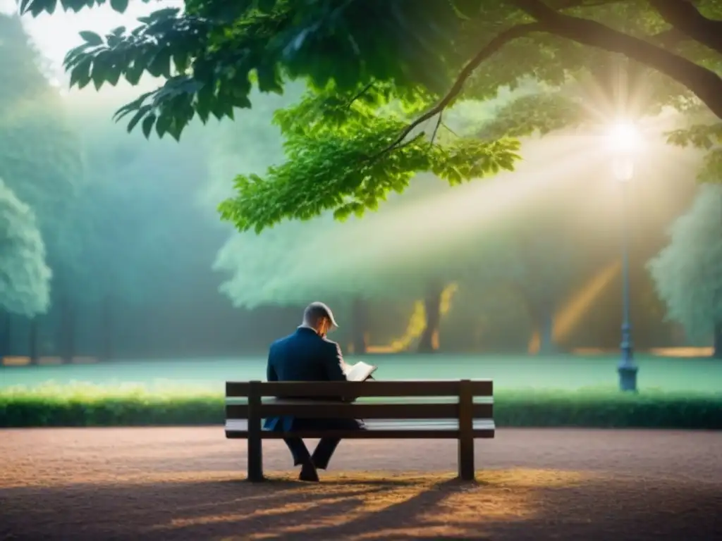 Persona leyendo poesía para fomentar empatía en un banco del parque, rodeada de naturaleza y luz suave