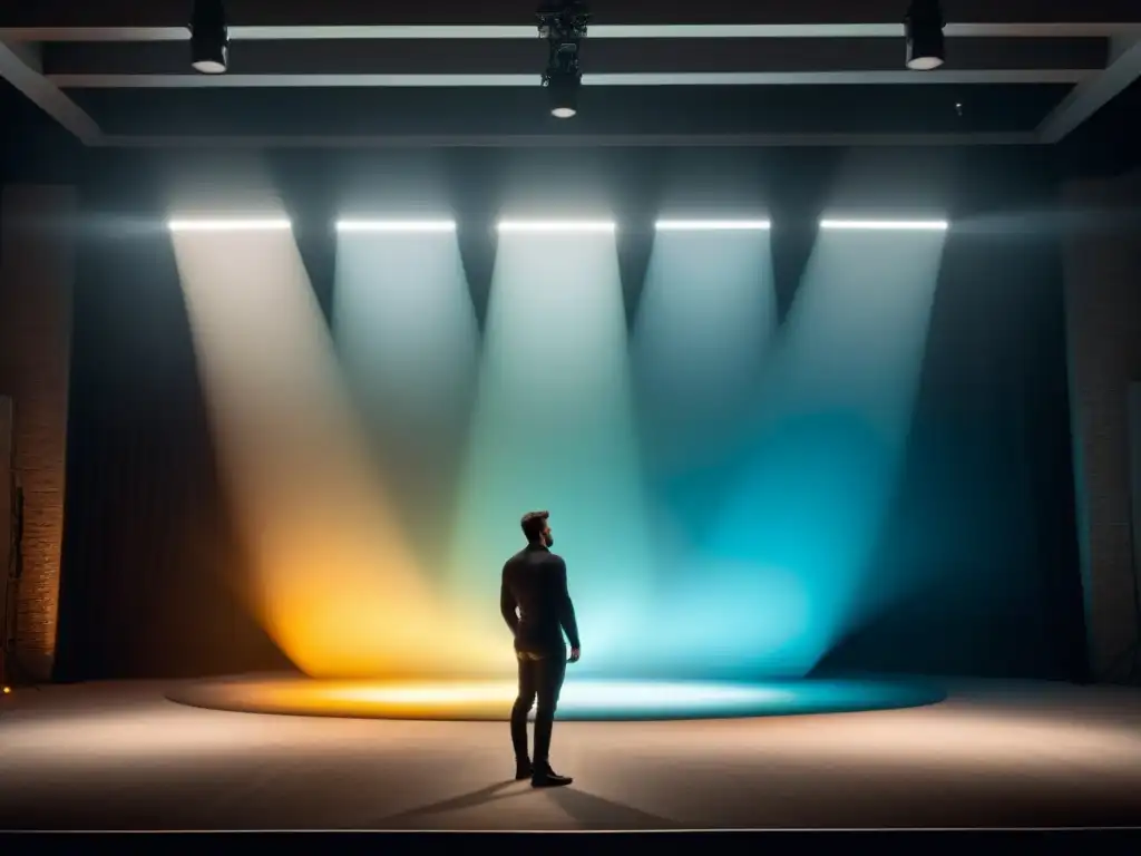 Persona en el escenario con formas geométricas abstractas y una luz brillante, creando una escena dramática