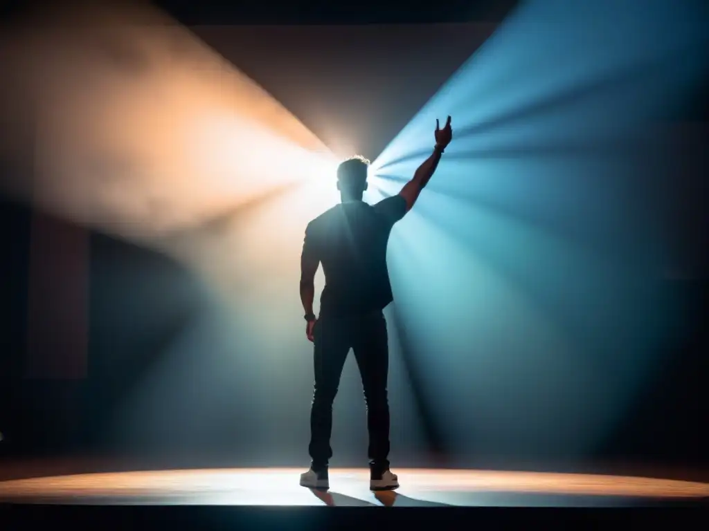 Persona en el escenario, iluminada por un foco, recitando poesía apasionadamente