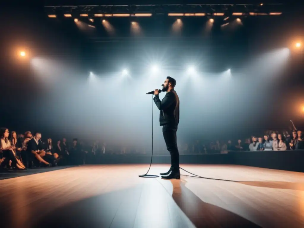 Poeta en escena: fusión de poesía y música en blanco y negro Persona en escenario con micrófono, notas musicales, fusionando poesía y música en una transformación poderosa