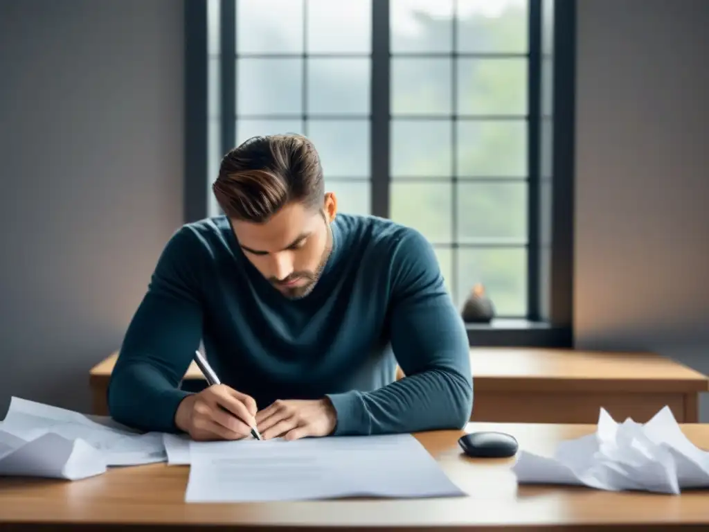 Persona escribiendo en su escritorio, rodeada de papel arrugado, mirando por la ventana con luz suave