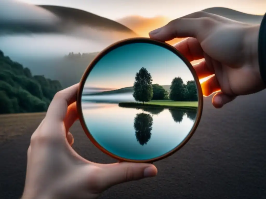 Reflejos poéticos: la transformación de la vida cotidiana Persona sostiene espejo que refleja escenas vibrantes de la vida diaria, simbolizando el poder transformador de la poesía en la sociedad