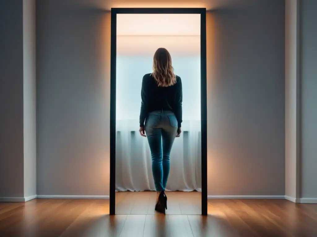 Persona frente al espejo, reflejando versión diferente, simbolizando autoexploración a través de poesía