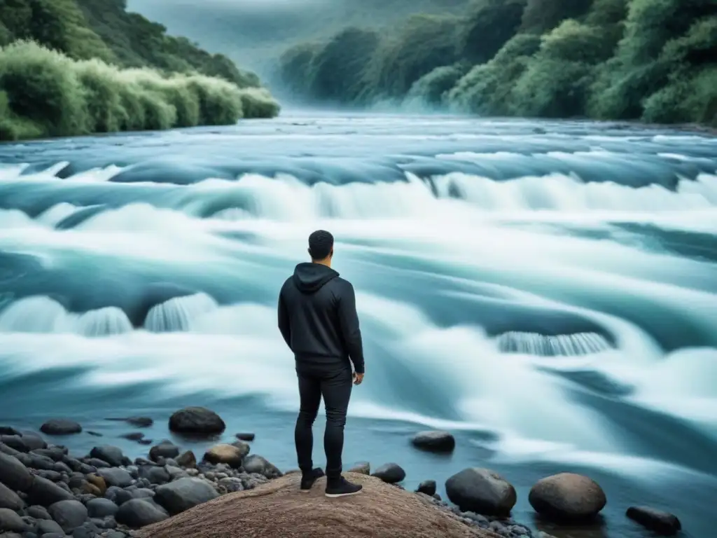 Persona en meditación frente al río, expresando el poder transformador del ritmo en la poesía y percepción