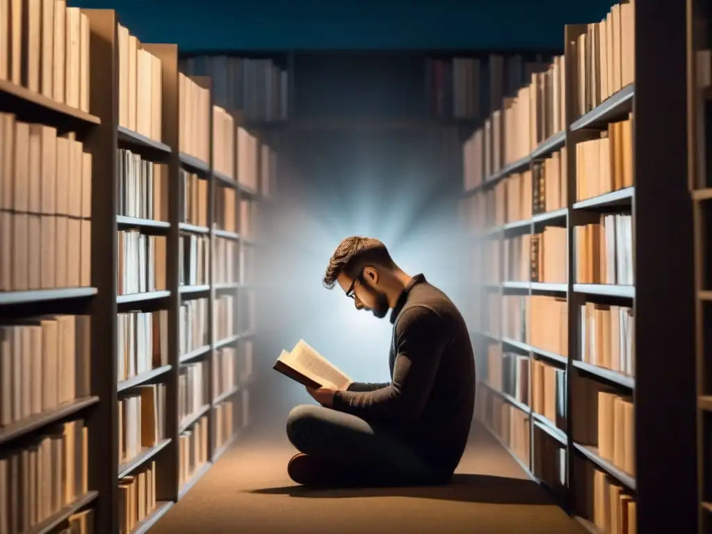 Persona leyendo en habitación con libros de poesía transformadora, sumida en contemplación