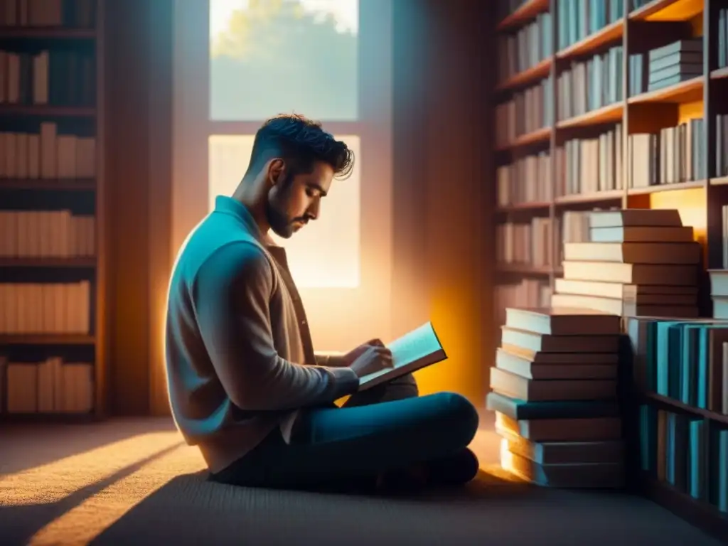 Persona leyendo en habitación soleada rodeada de libros de poesía, encarnando el poder transformador de la poesía