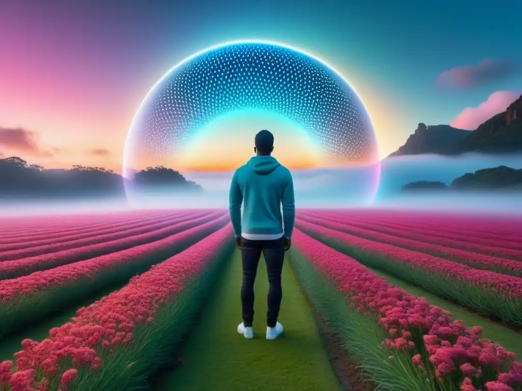 Realidad aumentada poética: fusión tecnológica en paisaje futurista Persona inmersa en versos flotantes de poesía con elementos de Realidad Aumentada en un paisaje futurista y sereno