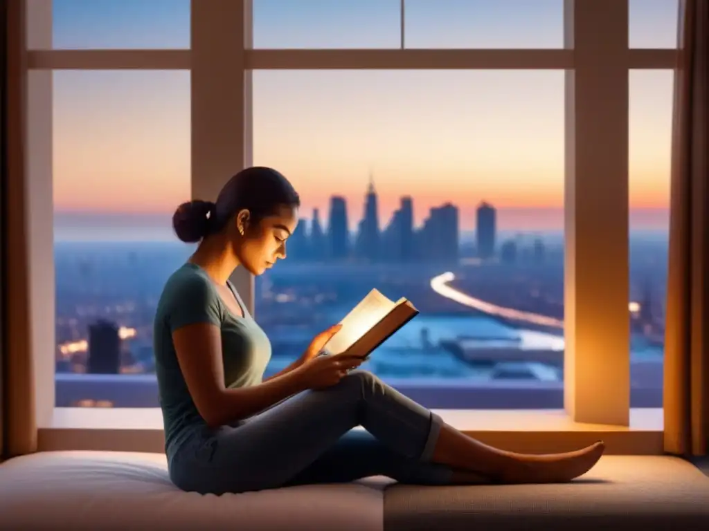 Persona leyendo poesía junto a la ventana, iluminada por una lámpara, con la ciudad al atardecer de fondo