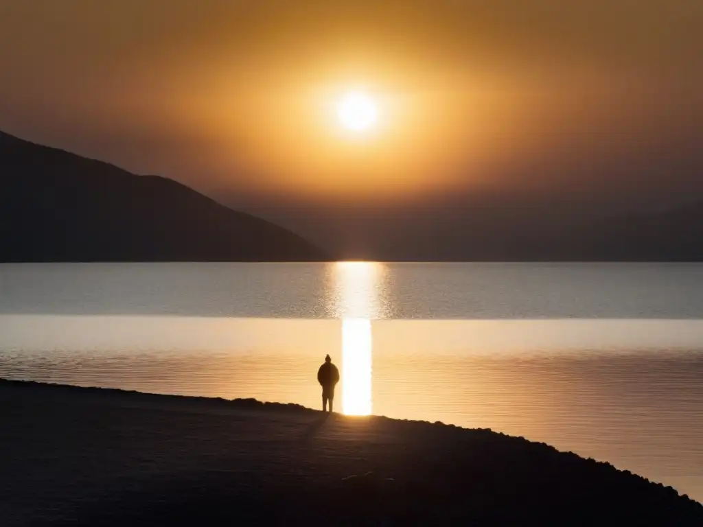 Persona en lago contemplativo al atardecer