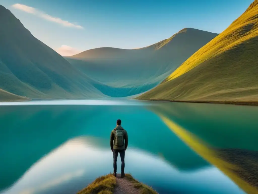 Persona en lago reflexivo, contemplando su reflejo en paisaje sereno