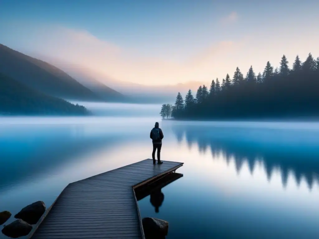 Persona en lago sereno al amanecer, con libro de poesía