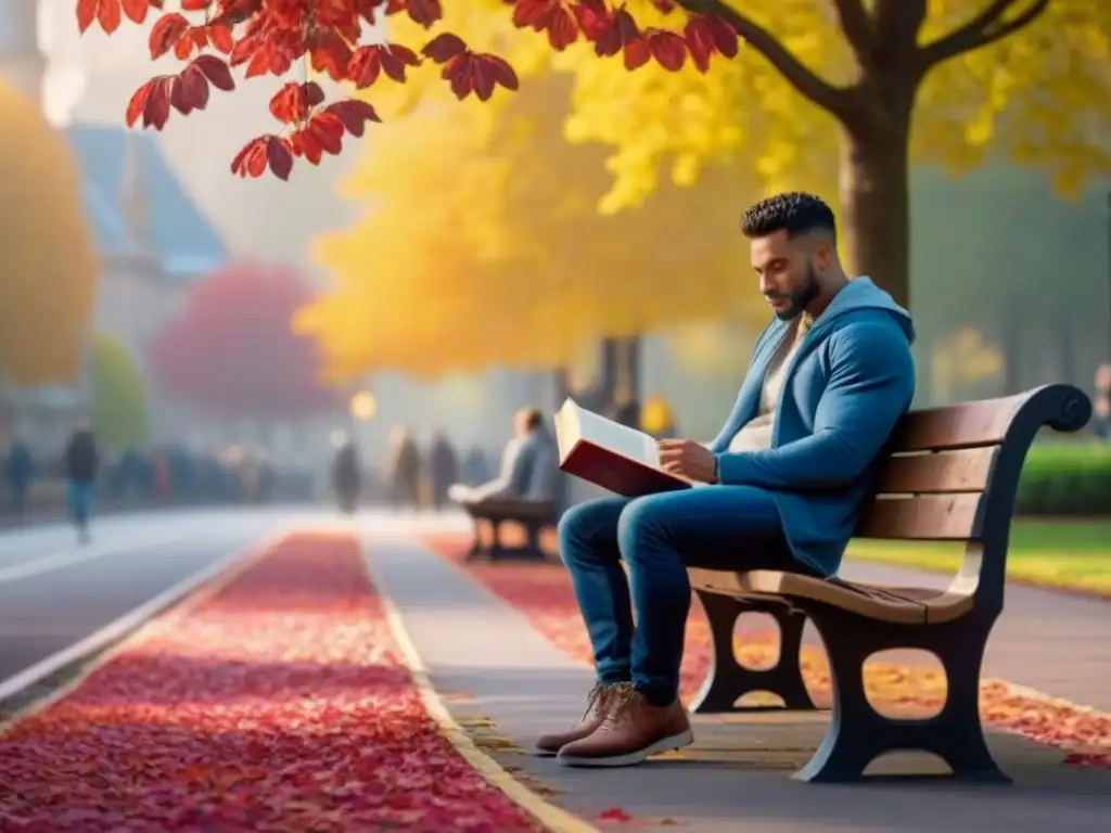 Persona leyendo un libro de poesía en un banco del parque rodeado de hojas otoñales coloridas, con luz filtrándose entre las hojas