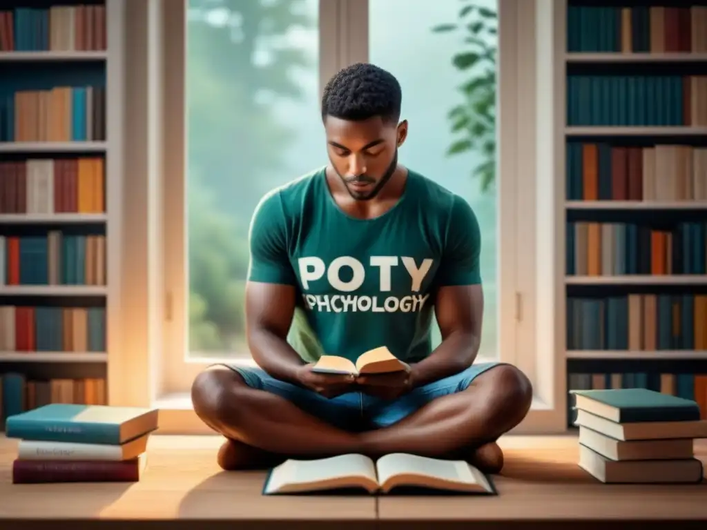 Persona meditando entre libros de poesía y psicología, iluminada por luz cálida, en ambiente sereno que refleja el poder sanador de la poesía