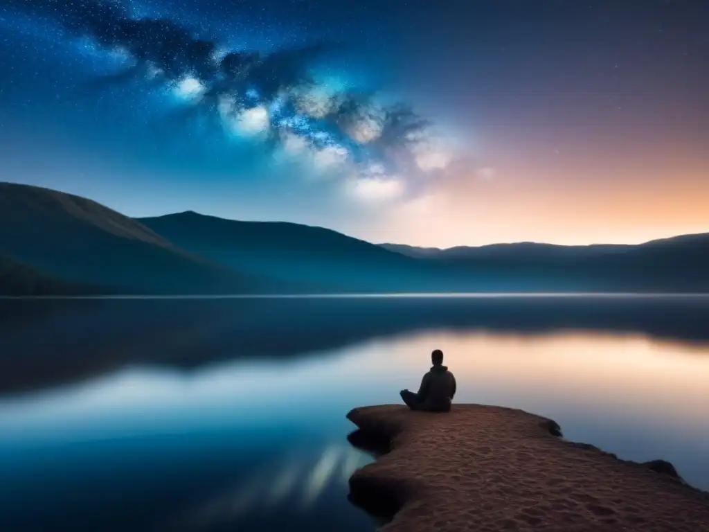 Persona leyendo libros de poesía transformadora junto al lago en la noche estrellada
