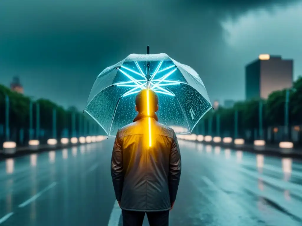 Una persona en la lluvia con palabras brillantes de un poema, mostrando el poder transformador de la poesía