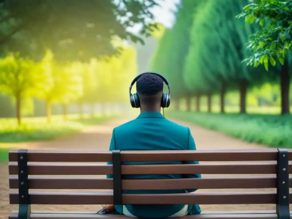 Persona escuchando música en banco del parque, rodeada de naturaleza