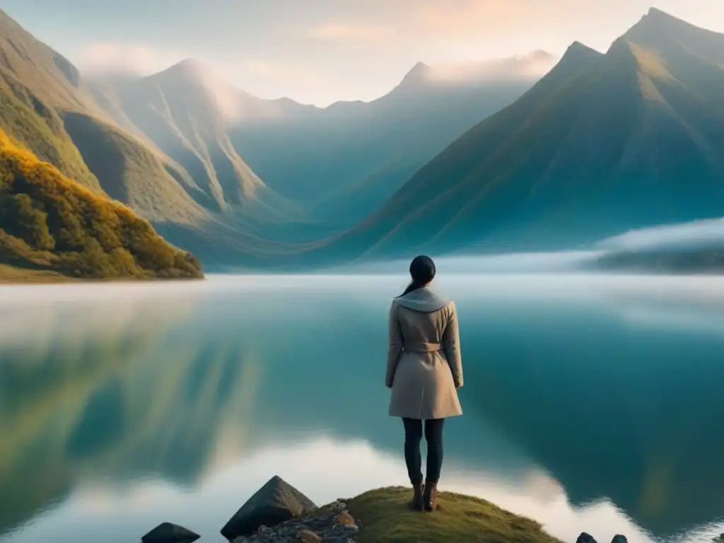Persona en paisaje sereno, ojos cerrados y brazos abiertos, reflejando introspección y descubrimiento interior