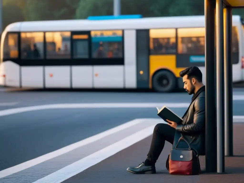 Persona leyendo poesía en parada de bus, sumergida en la transformación a través de la poesía