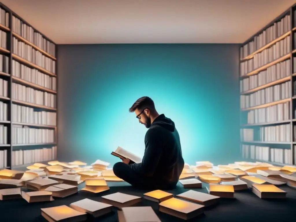 Persona pensativa entre libros de poesía transformadora en ilustración minimalista en blanco y negro