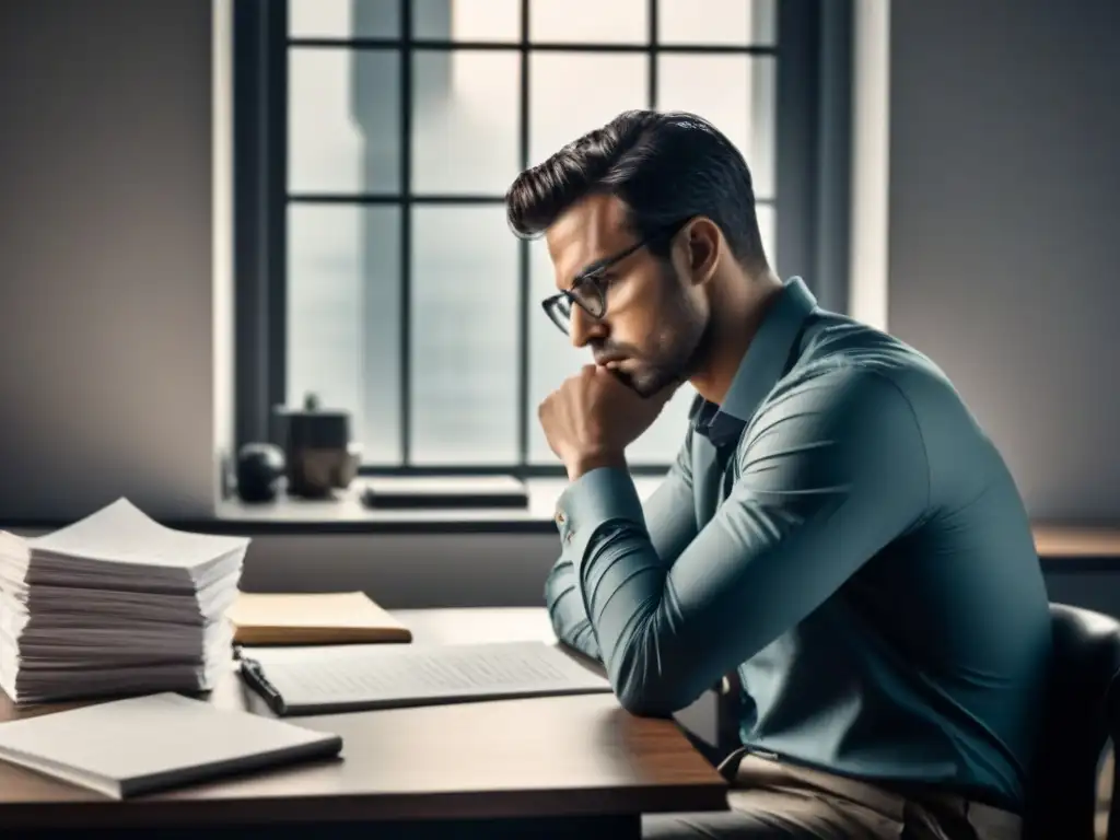 Persona pensativa escribiendo poesía en su escritorio, rodeada de cuadernos y papeles arrugados, mirando por la ventana