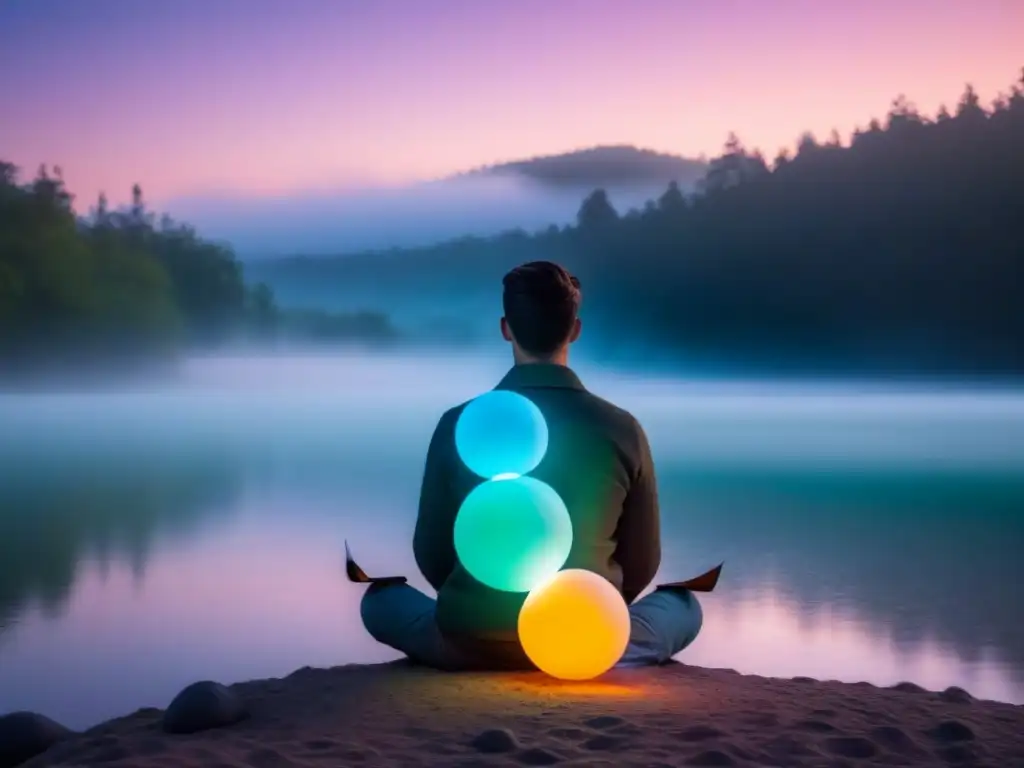 Persona en meditación con pluma lista para escribir poesía, rodeada de pensamientos brillantes