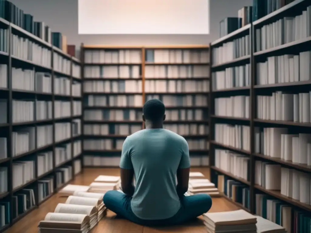 Persona leyendo y reflexionando sobre poemas escritos a mano en una habitación tranquila llena de libros