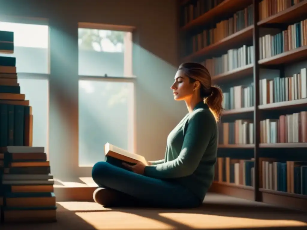 Persona leyendo poesía en un ambiente sereno y luminoso, iluminado por el poder transformador de la poesía