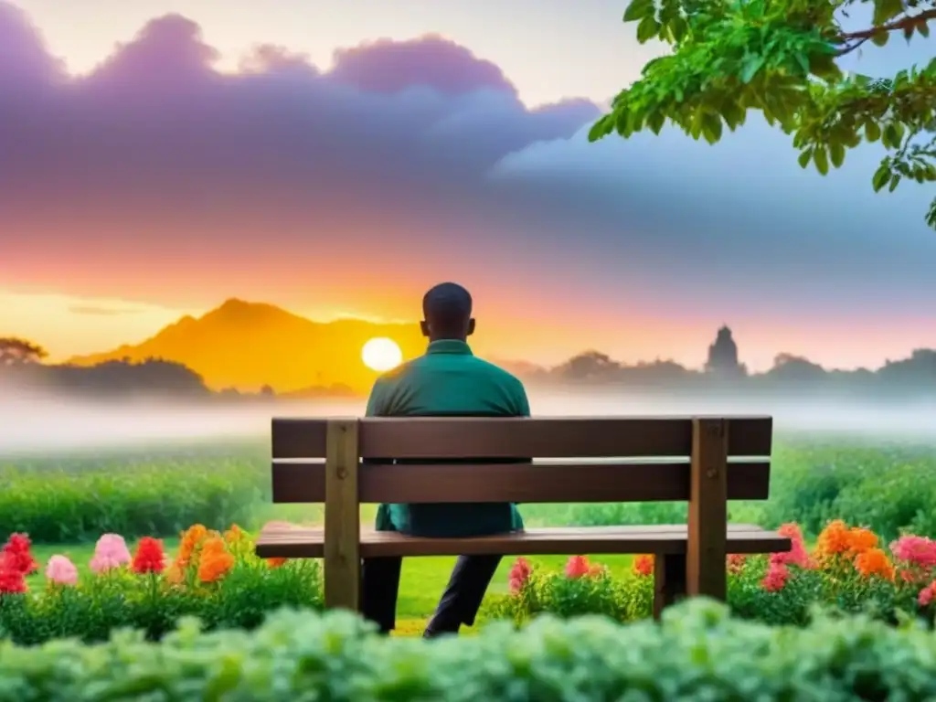 Persona leyendo poesía al atardecer en un banco del parque, rodeada de naturaleza