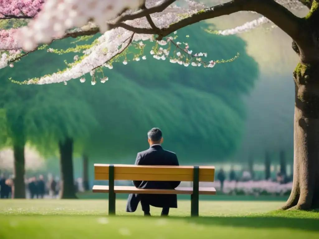 Persona leyendo poesía en un banco del parque, rodeada de naturaleza y pétalos de cerezo cayendo