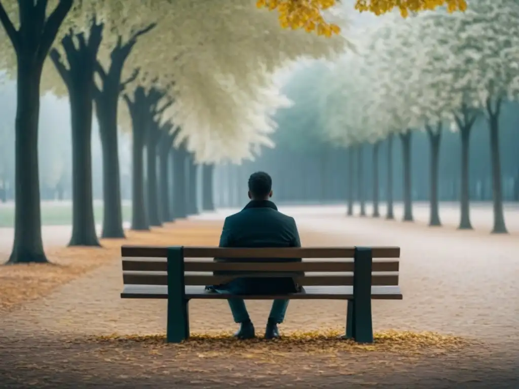 Persona leyendo poesía en un banco del parque, bajo árboles altos con hojas cayendo, creando una atmósfera serena y contemplativa