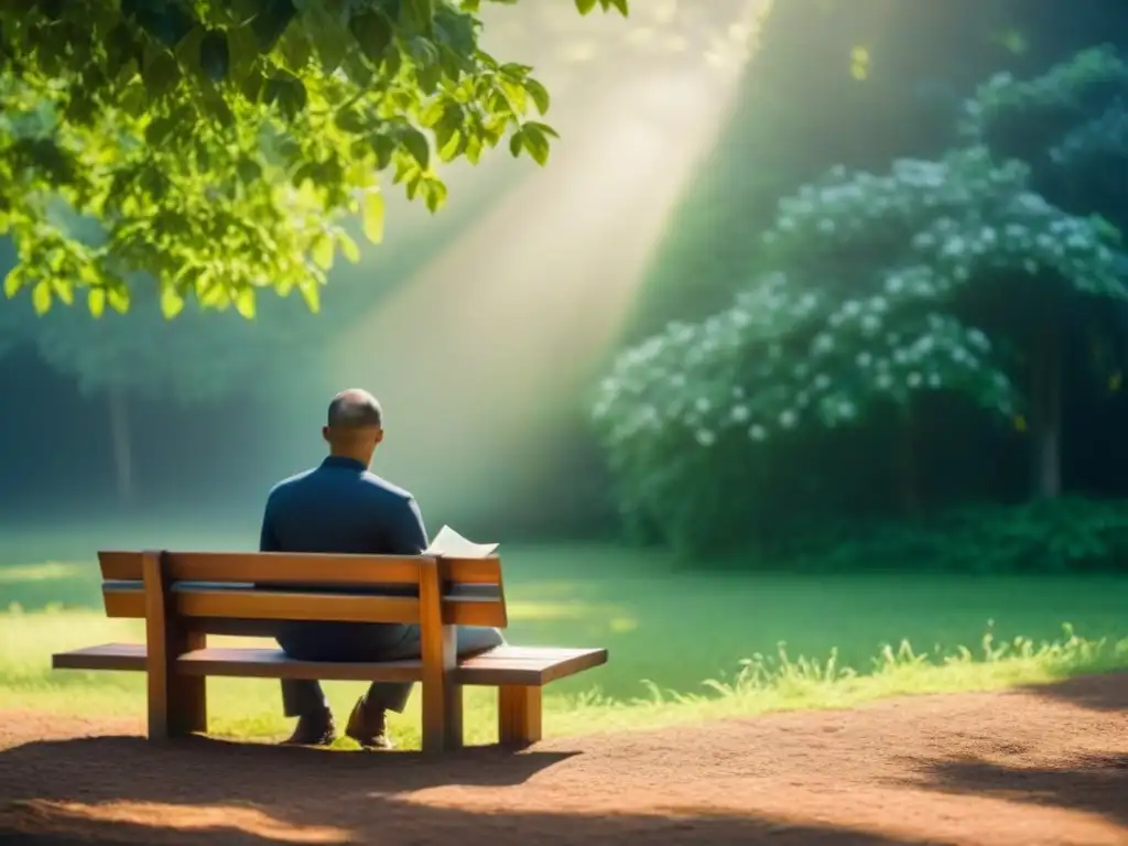 Persona leyendo poesía en un banco, rodeada de naturaleza