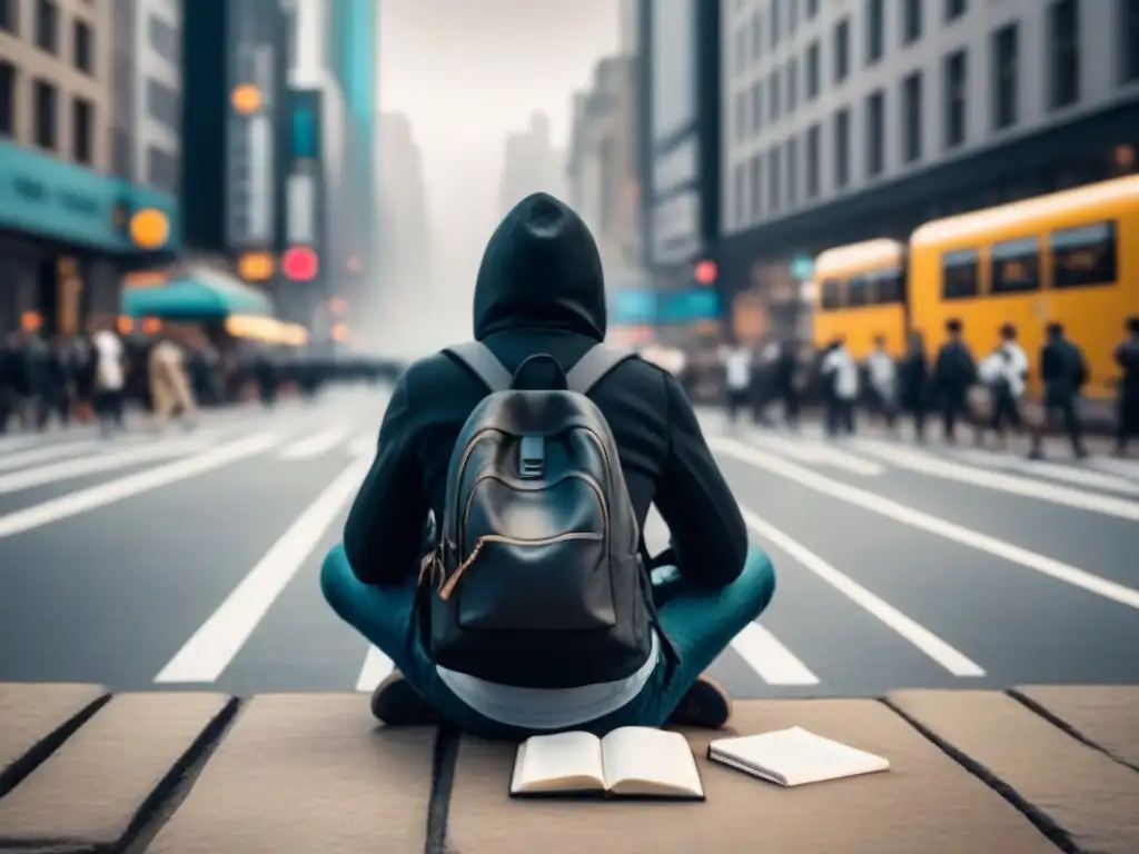 Poeta solitario entre la multitud: esencia Beat en la ciudad Persona escribiendo poesía Beat en la ciudad caótica