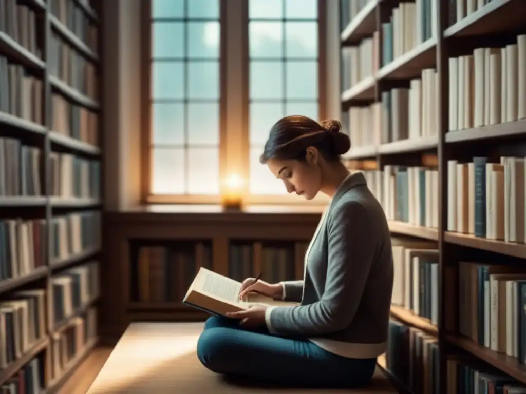 Persona leyendo poesía en una biblioteca tranquila, destacando la importancia del ritmo en poesía