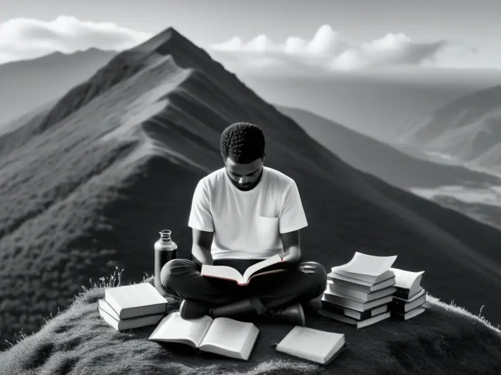 Persona leyendo poesía en la cima de una montaña, rodeada de libros flotantes