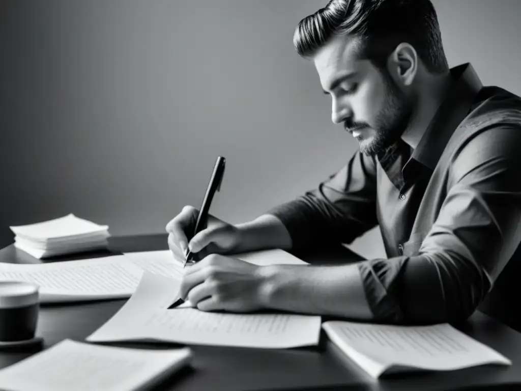 Persona escribiendo poesía en un escritorio con papeles y café, reflejando la importancia de la transformación cultural