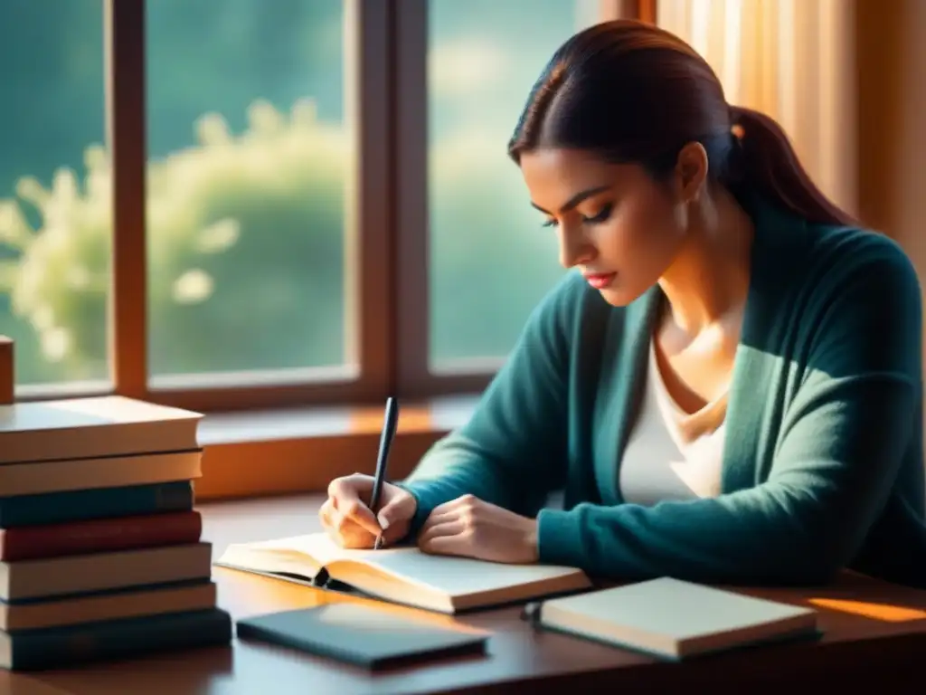 Persona escribiendo poesía en un escritorio, rodeada de libros, con luz natural