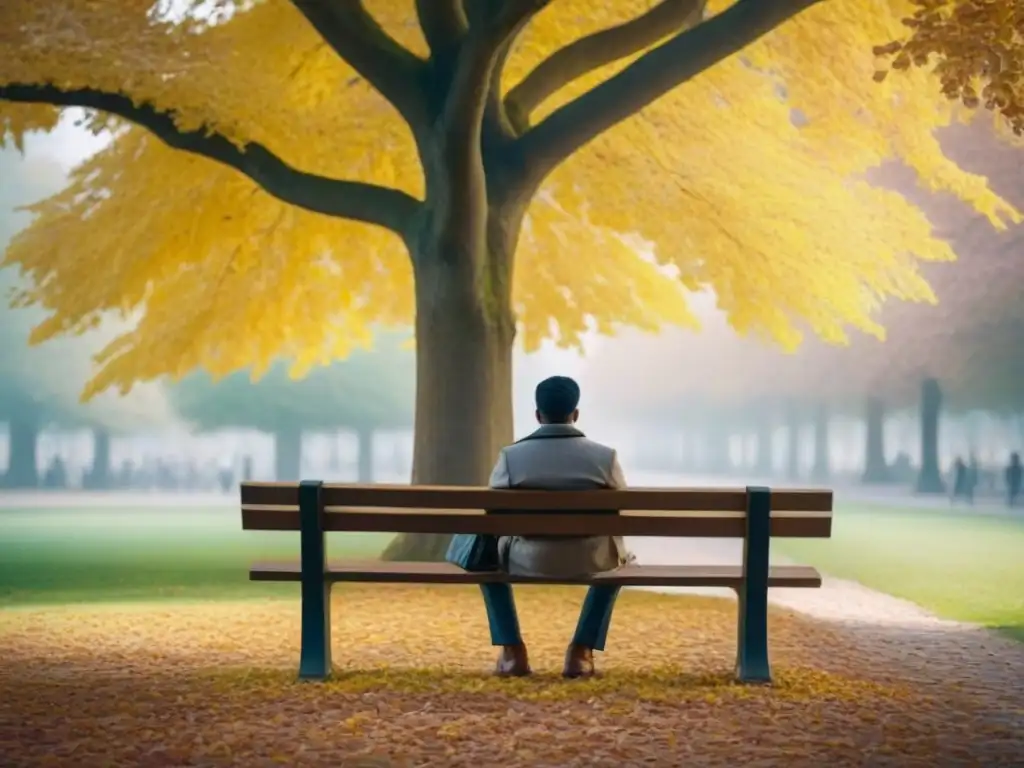 Figura solitaria leyendo poesía bajo un árbol en otoño Persona leyendo poesía como herramienta de autoayuda en un parque otoñal, rodeada de hojas y tranquilidad