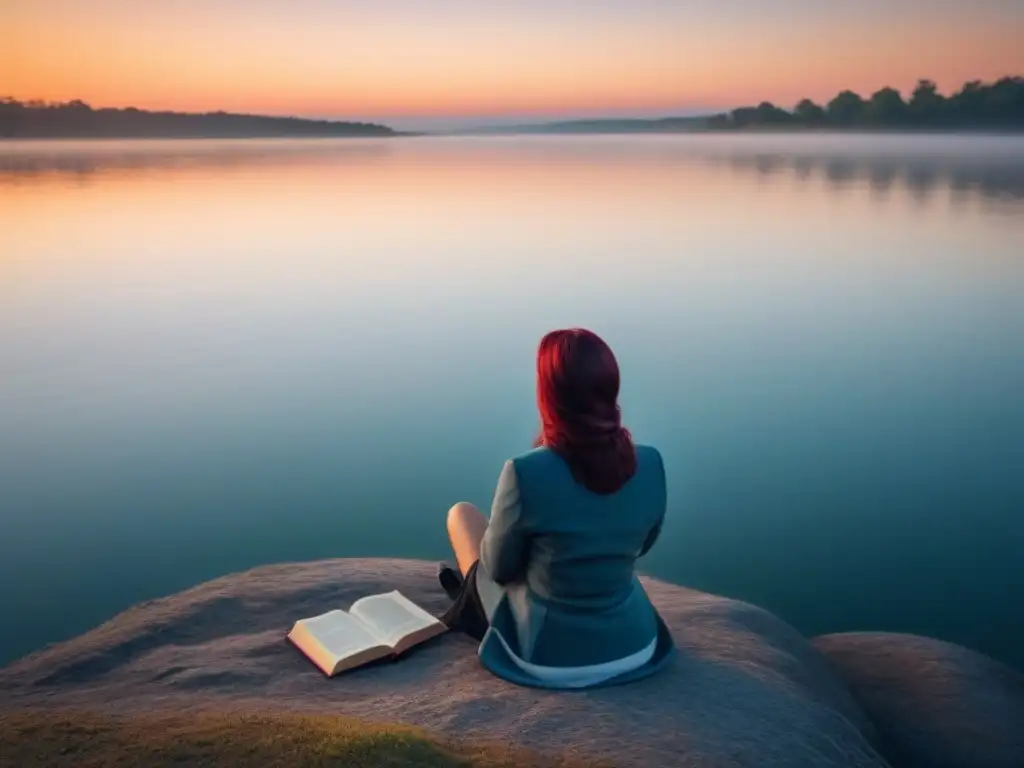 Persona leyendo poesía junto al lago al atardecer, poesía como herramienta emocional profunda