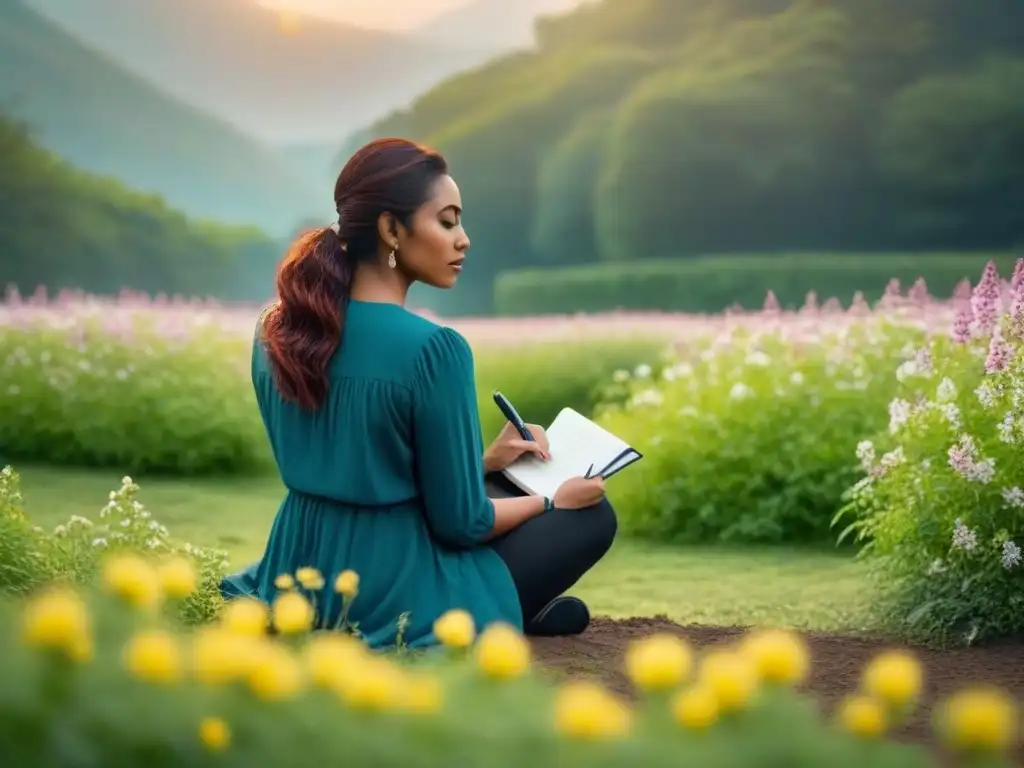 Persona escribiendo poesía en la naturaleza, iluminada por el sol