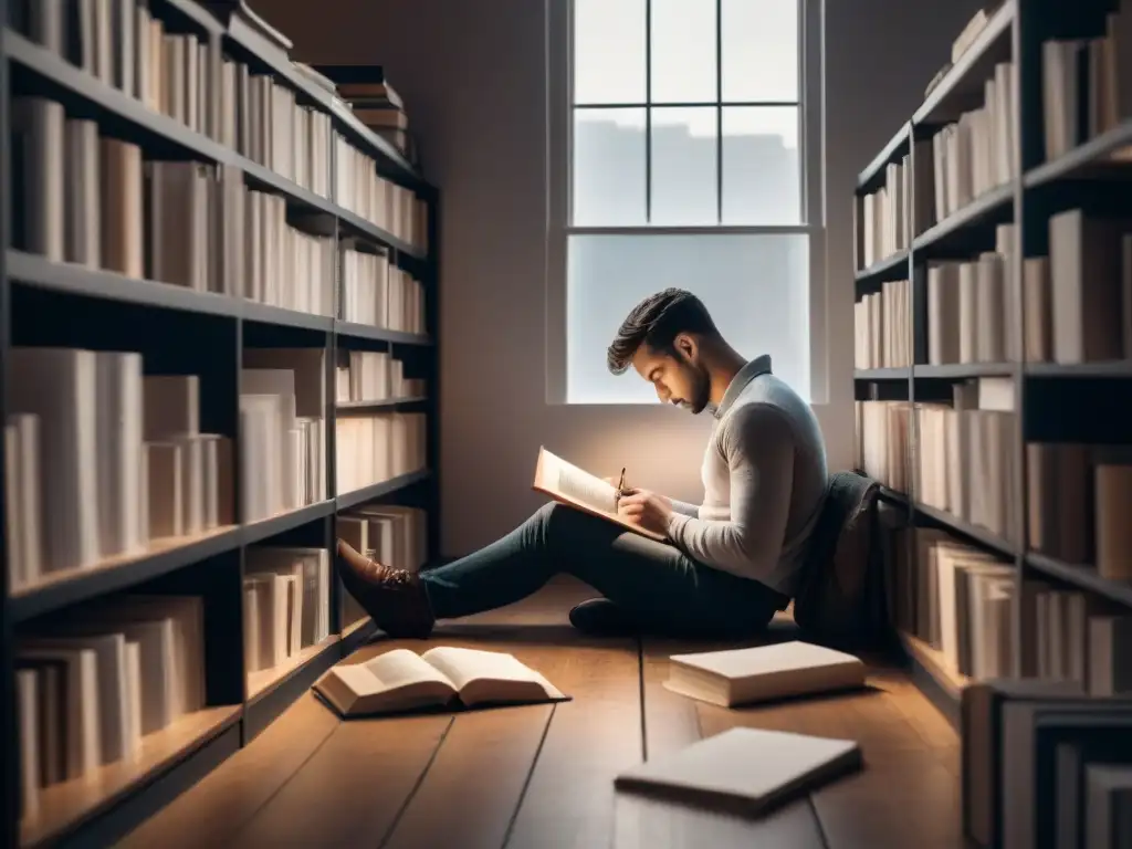 Persona escribiendo poesía, rodeada de libros en una habitación iluminada