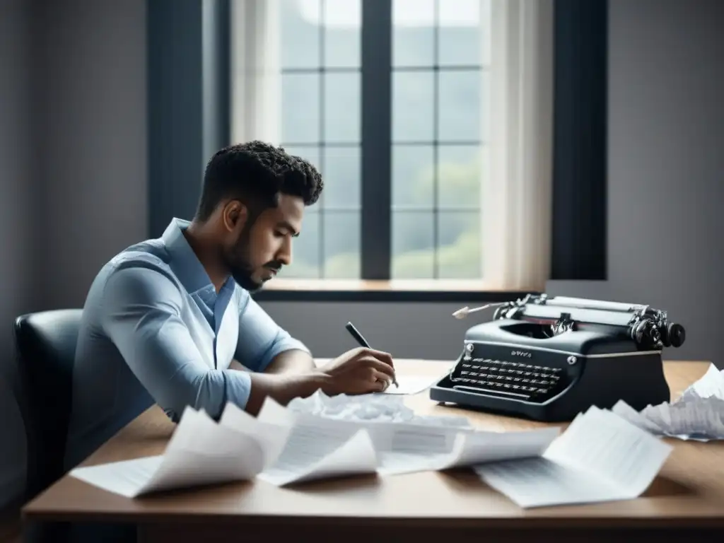 Persona escribiendo poesía, rodeada de papeles y una máquina de escribir, transmitiendo sentimientos en poesía