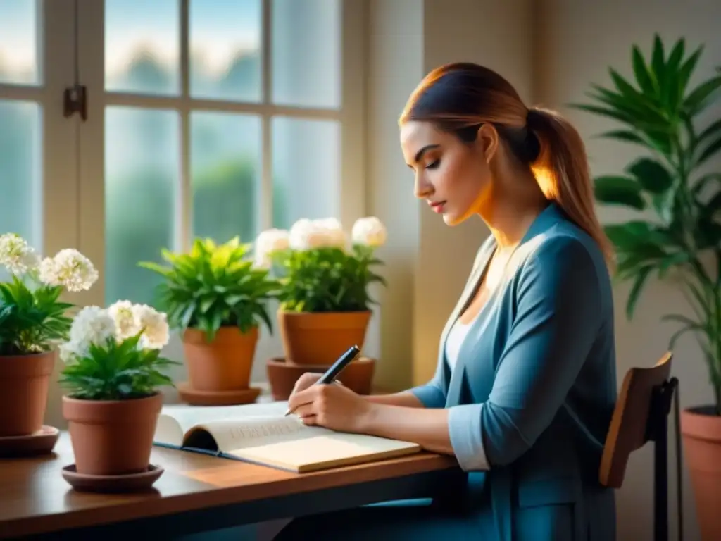 Persona escribiendo poesía rodeada de plantas en un ambiente sereno y luminoso, potenciando el poder terapéutico de escribir poesía