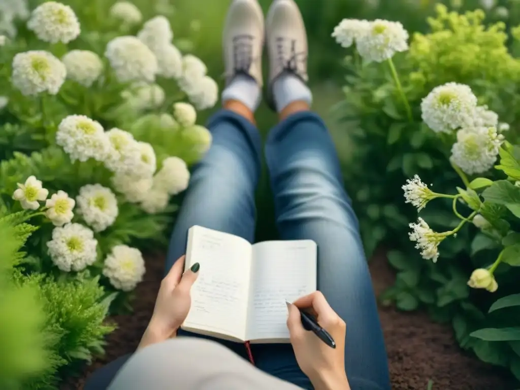 Persona escribiendo poesía en jardín tranquilo, beneficiando la salud mental