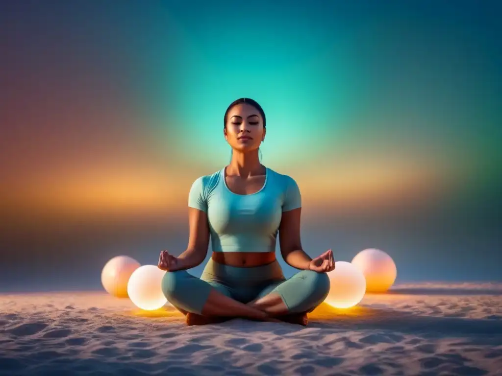 Persona en meditación poética con luces y colores, creando una atmósfera de poesía transformadora y serenidad