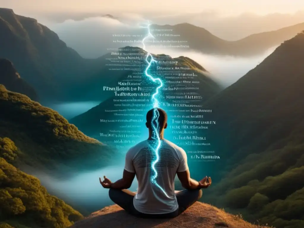 Arte en blanco y negro: poesía y autodescubrimiento Persona en postura meditativa rodeada de versos abstractos, representando la unión entre poesía y autoconocimiento