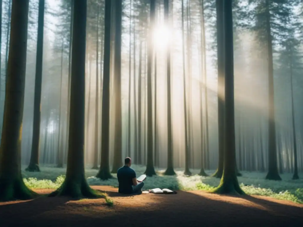 Persona leyendo poesía en el bosque, conexión profunda entre humanos y naturaleza