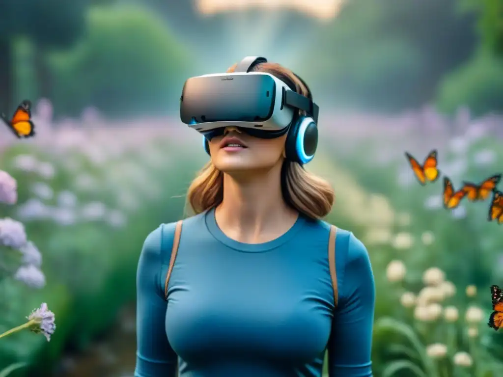 Persona en realidad virtual, inmersa en paisaje poético con jardín sereno y mariposas coloridas, muestra inmersión emocional poesía realidad virtual