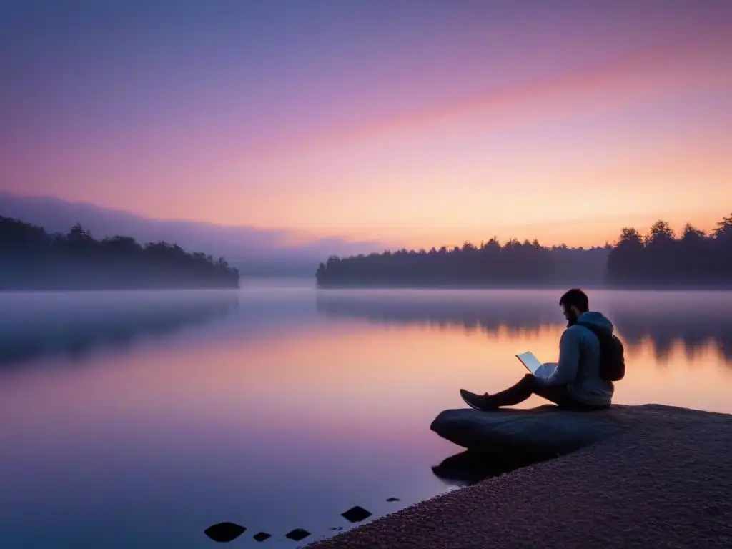 Persona reflexiva al atardecer frente al lago, con cuaderno y pluma