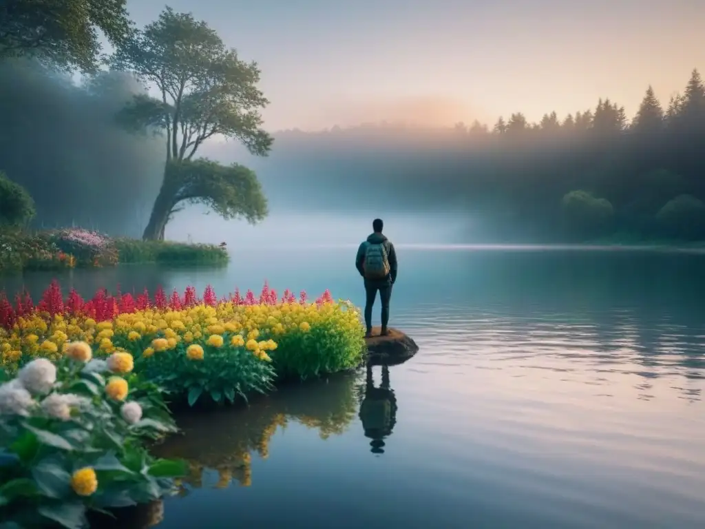 Persona reflexiva contemplando el atardecer en un lago sereno, rodeada de naturaleza exuberante